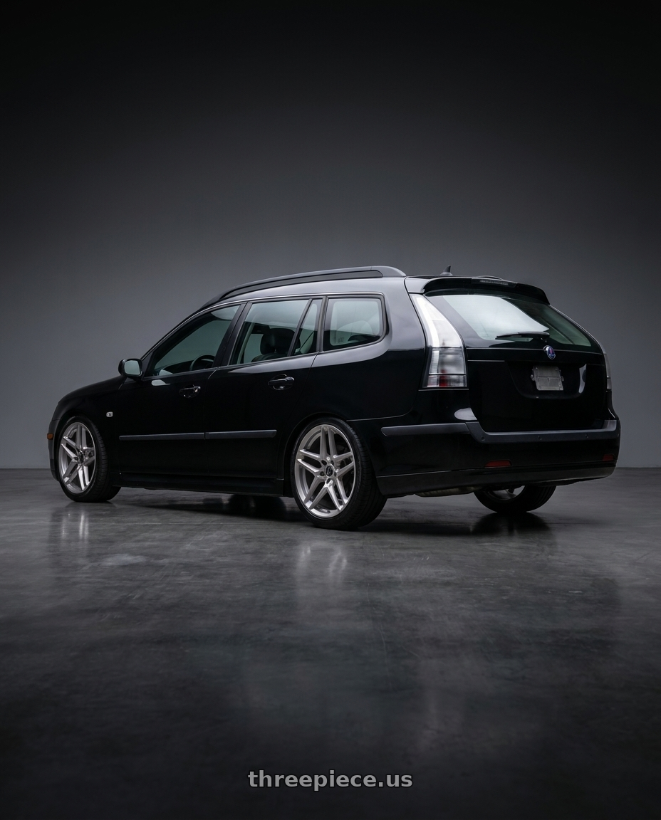 2006 Saab 9-3 2 0t with Heritage Wheel EBISU 5x110 18x8.5 +35 Silver wheels rear three quarter view slight stretch tires