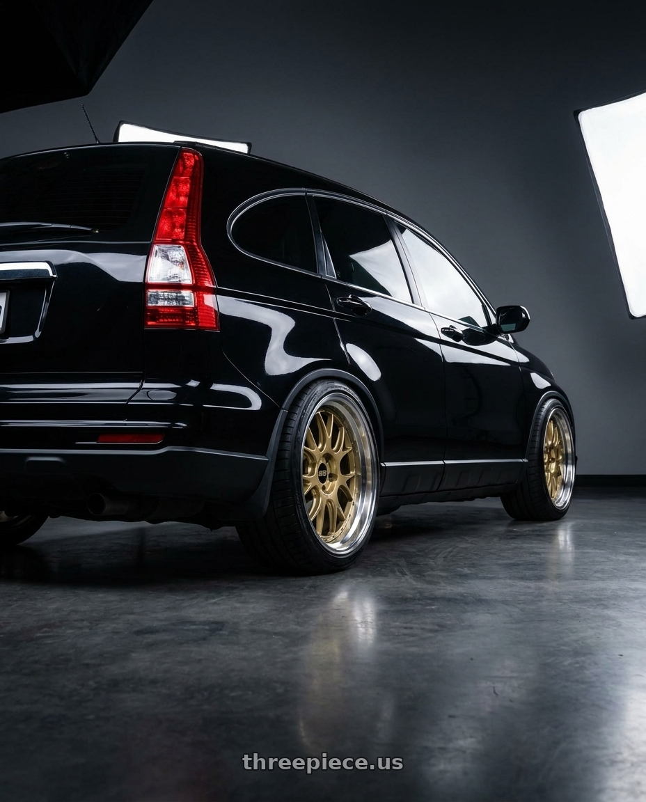 2011 Crv black with BBS LM-R 5x120 20x11 +40 Gloss Black/Gold Center / Diamond Cut Lip wheels rear three quarter view square tires