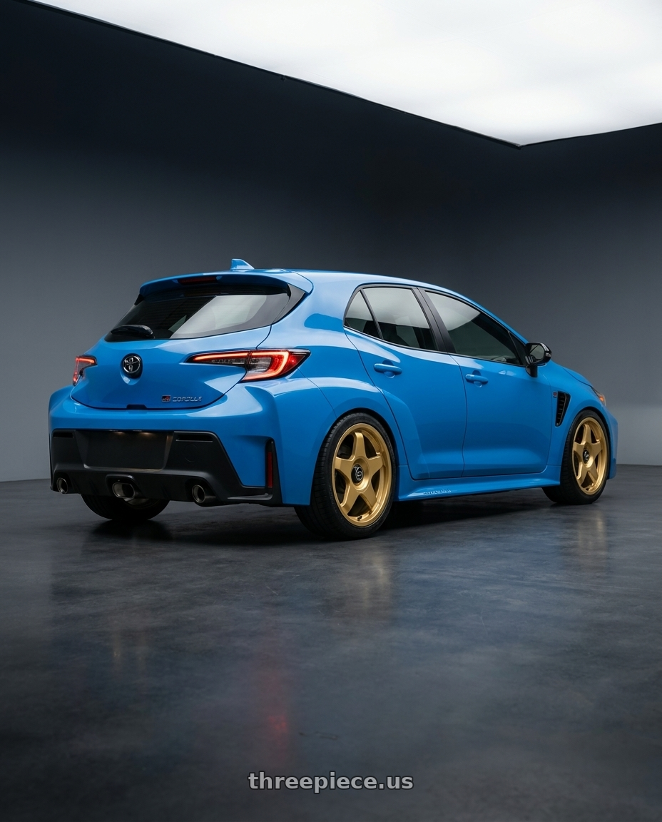 2024 Toyota GR Corolla with fifteen52 CHICANE 5x114.3 / 5x100 18x8.5 +35 GOLD (GLOSS GOLD) wheels rear three quarter view square tires