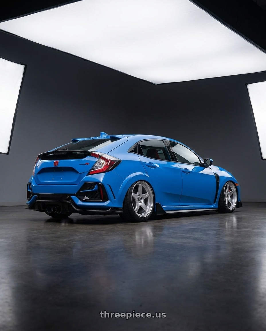 2020 Honda Civic Type R with ESR Wheels APEX SERIES AP5 5x120 19x9.5 +22 Hyper Silver wheels rear three quarter view slight stretch tires