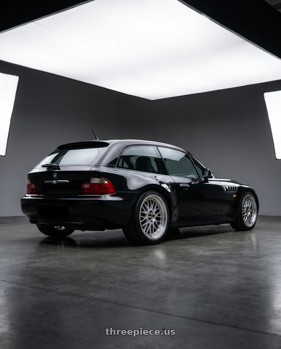 1999 BMW Z3 with BBS LM 5x120 19x8.0+40 Diamond Silver wheels rear three quarter view square tires
