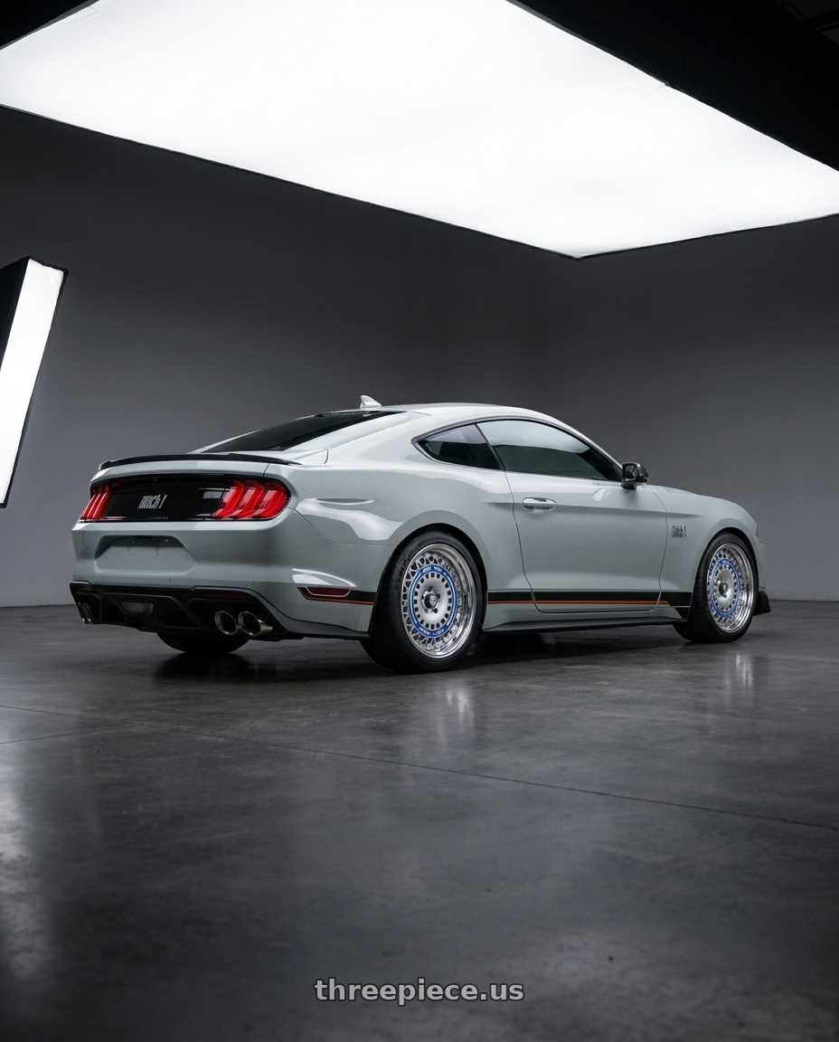 2021 Ford Mustang Mach 1 with FORMULA AERO MESH 5x114.3 19X10+37 NR Disk Titan Silver wheels rear three quarter view square tires