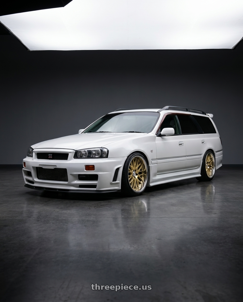 2000 Nissan Stagea RSFourS with Work Lanvec Lm1 5x114.3 19x8.5+30 A Disk Light Metallic Gold wheels
