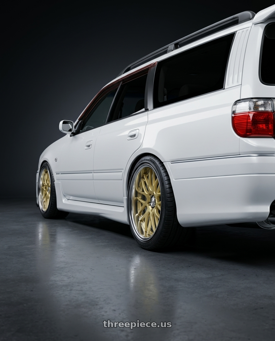 2000 Nissan Stagea RSFourS with Work Lanvec Lm1 5x114.3 19x8.5+30 A Disk Light Metallic Gold wheels rear three quarter view square tires
