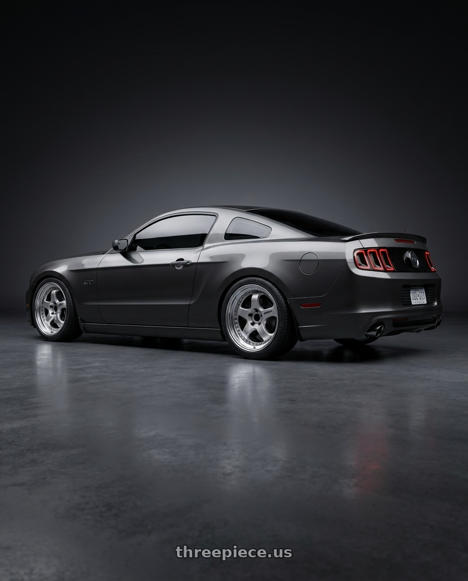 2014 Ford Mustang GT with Work Meister S1 3P 5x114.3 19x9.5+36 O Disk Silver wheels rear three quarter view square tires