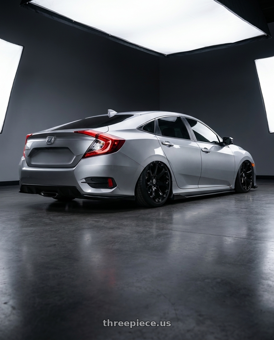 2017 Honda Civic  with Heritage Wheel Kokoro MonoC 5X114.3 19x9.5+38 Black wheels rear three quarter view square tires