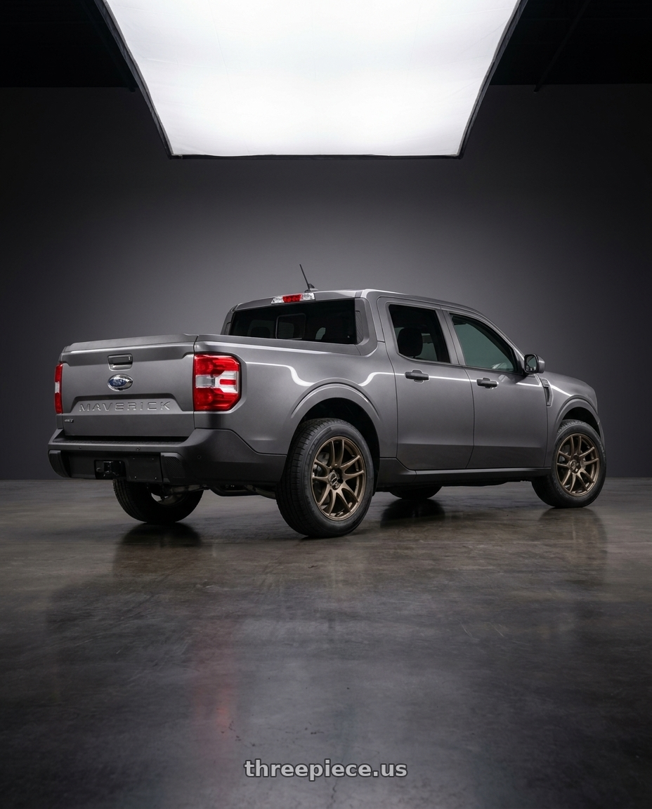 2024 Ford Maverick  with Work Emotion Cr Kiwami 5x108 17x8 +35 Matte Bronze wheels rear three quarter view square tires