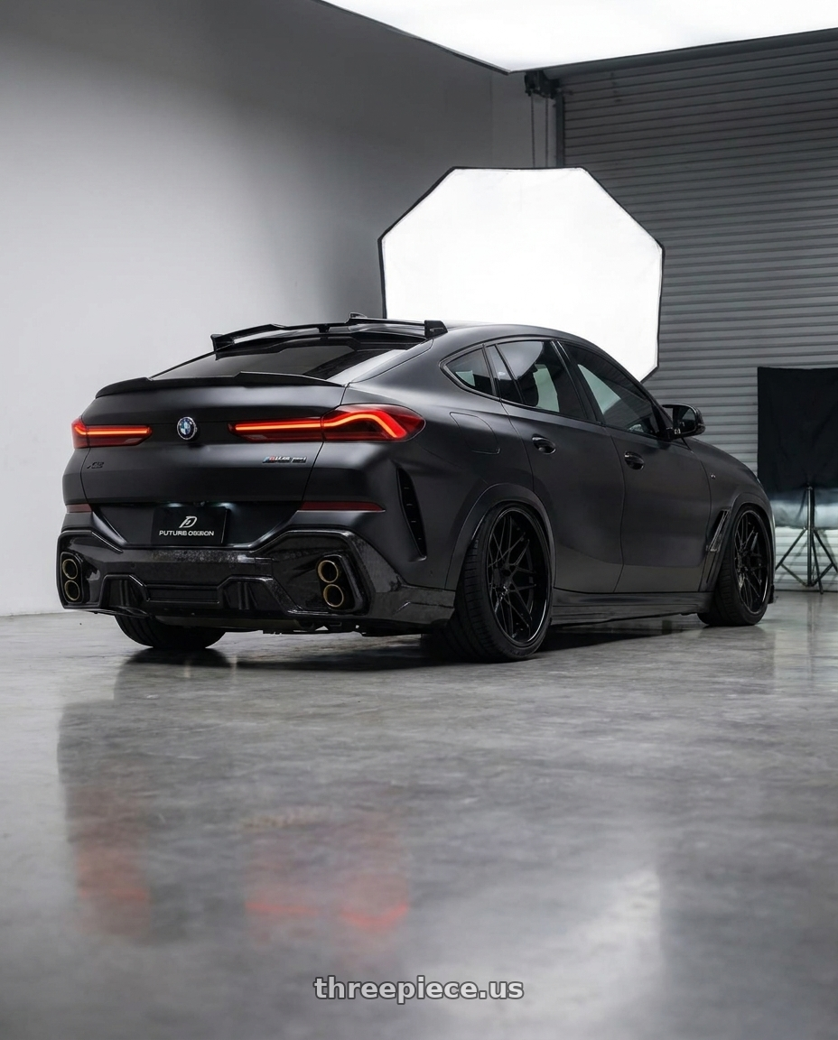 2025 BMW X6 40i Matt black with REPLICA WHEELS R238 5x114.3 20x8.5+35 BLACK - SATIN BLACK wheels rear three quarter view extreme stretch tires