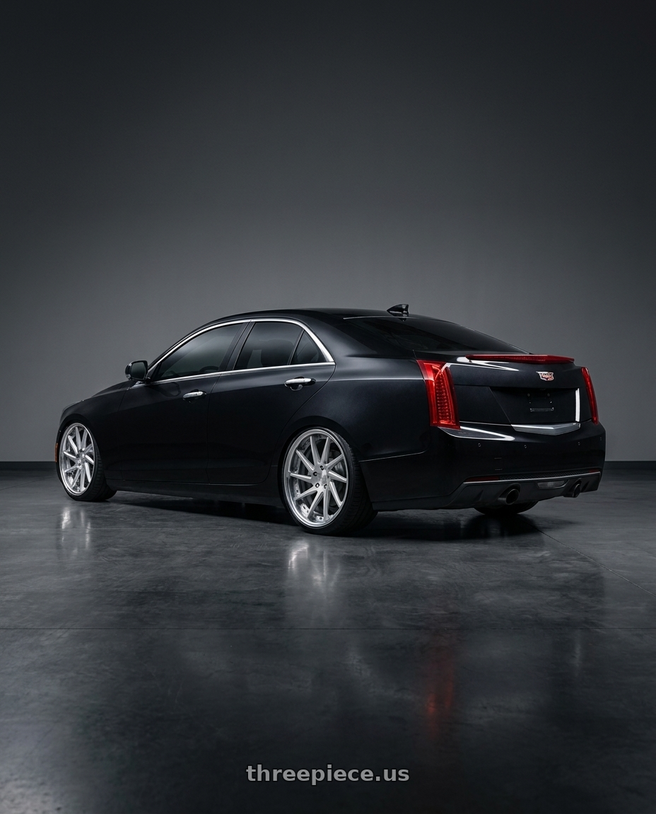 2015 Cadillac ats with Work Gnosis Cvs 5x115 19x9+45 W Disk Matte Silver wheels rear three quarter view slight stretch tires