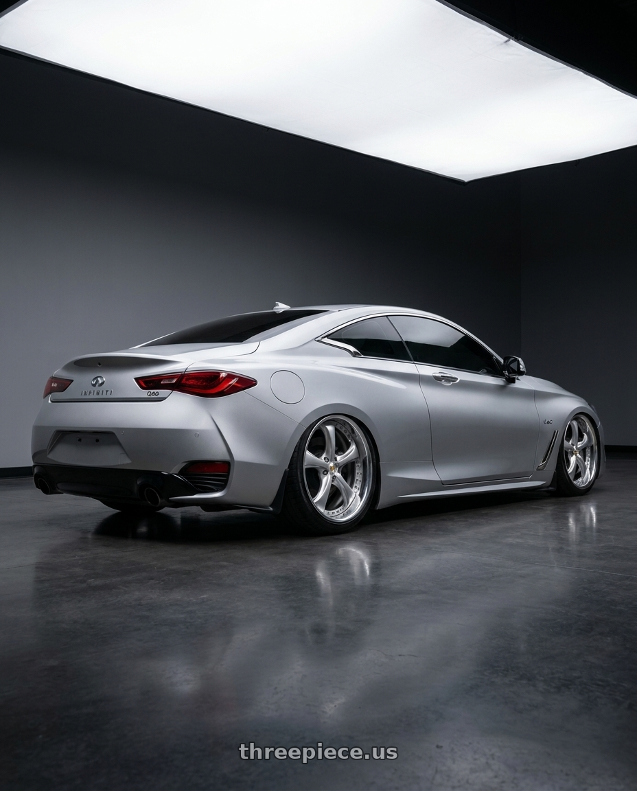 2018 infiniti q60 luxe with Work Wheels VS-KF 5X114.3 19x9.5+39 Light Grey Silver R Disk FULL REVERSE wheels rear three quarter view slight stretch tires