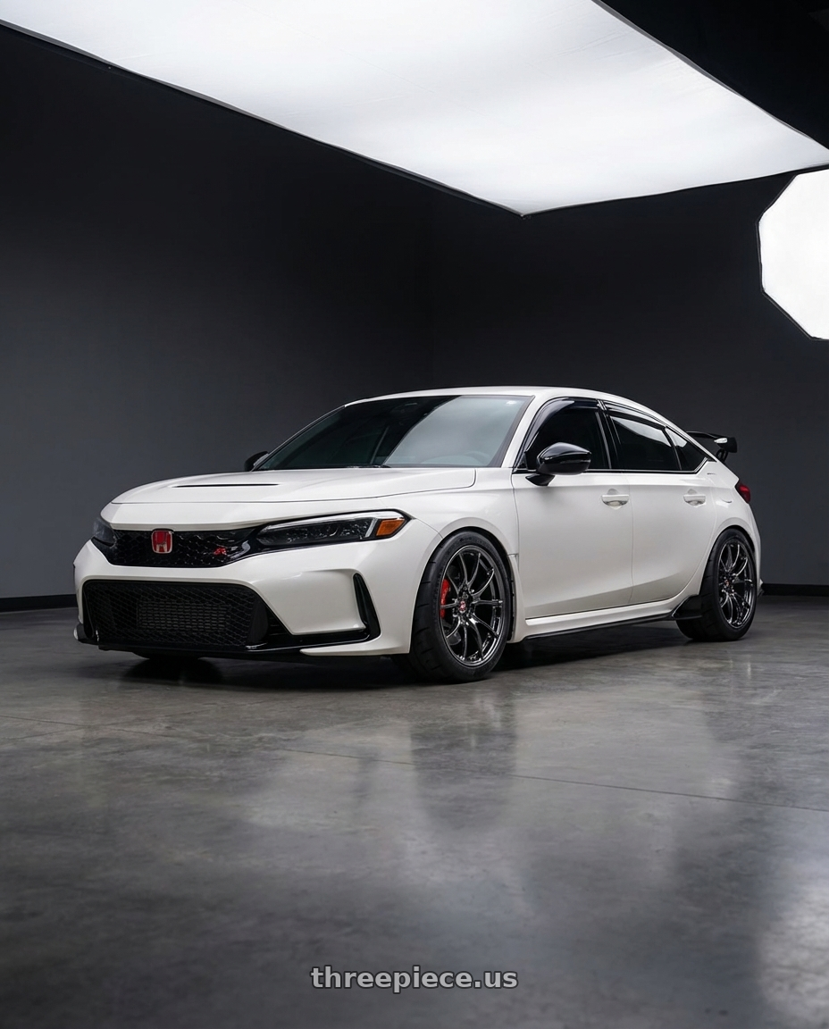 2025 Honda Civic Type R with Volk Racing NE24 5x114.3 18x8.5+35 Shining Black Metal wheels front three quarter view lowered stance