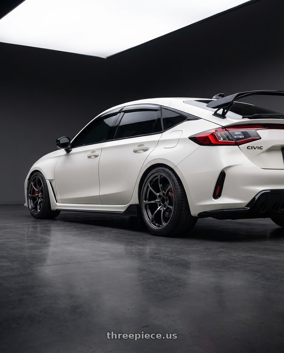 2025 Honda Civic Type R with Volk Racing NE24 5x114.3 18x8.5+35 Shining Black Metal wheels rear three quarter view meaty tires