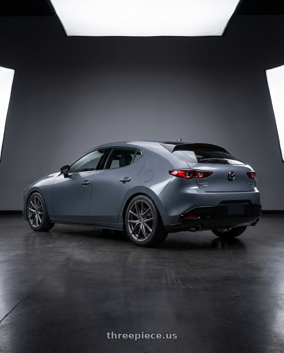 2023 Mazda Mazda3 Turbo with Niche 1PC M116 MISANO 5X114.3 18X8 +40 MATTE GUN METAL wheels rear three quarter view square tires