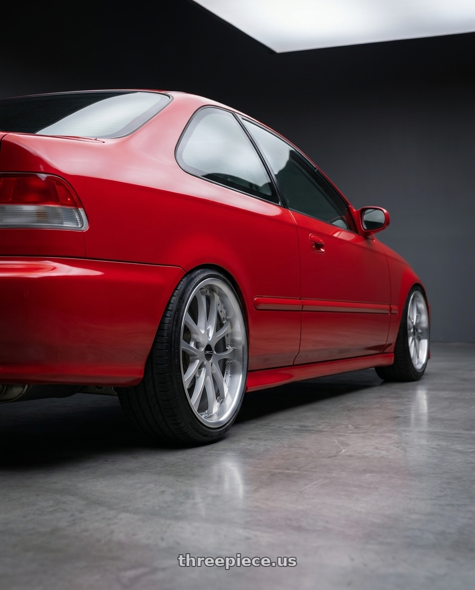 1999 Honda Civic with ARC AR5 5x114.3 18x8.5  +35 Silver Machine Face Lip Chrome Rivet wheels rear three quarter view square tires