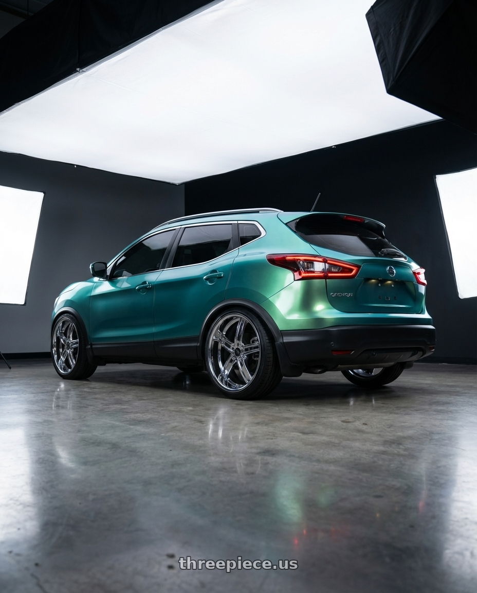 2017 Nissan Qashqui with Blade Luxury BL-402 Pizarro 5x115 24x9.5 +15 Chrome wheels rear three quarter view slight stretch tires