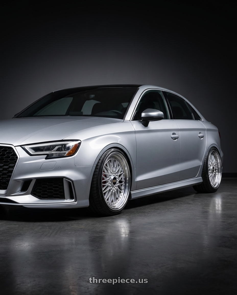 2017 Audi RS3 with BBS Super-RS 5x112 19x9.0+42 Silver wheels front three quarter view lowered stance