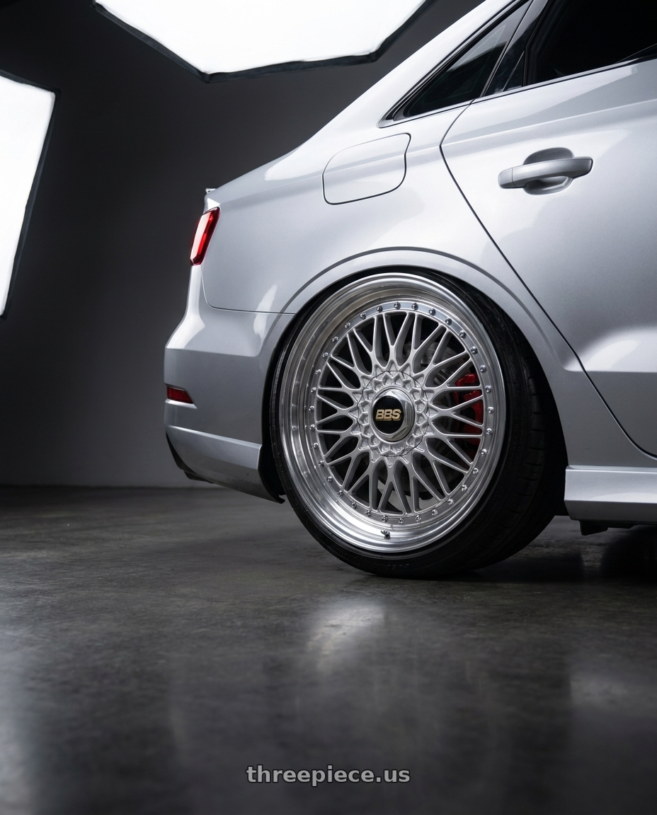 2017 Audi RS3 with BBS Super-RS 5x112 19x9.0+42 Silver wheels rear three quarter view extreme stretch tires