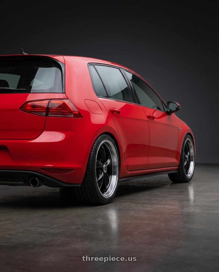 2015 Mk7 Golf Gti with American Racing AR105 TORQ THRUST M 5X127 18X8 0 GLOSS BLACK W/ MACHINED LIP wheels rear three quarter view square tires