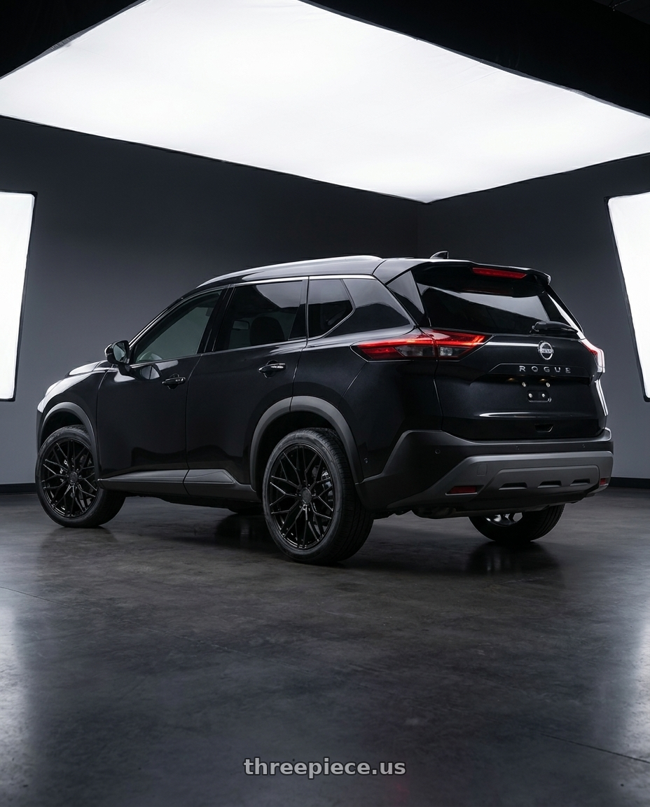 Nissan Rogue 2026 with Avant Garde Wheels M520R 5X114.3 19x8.5 +35 Gloss Black wheels rear three quarter view square tires