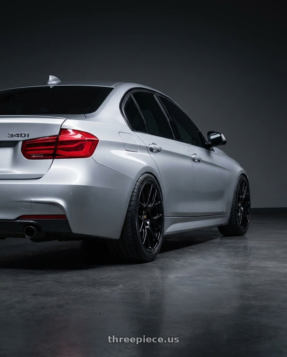 2017 BMW 340i with BBS RE-V7 5x120 19x8.5 +35 Gloss Black wheels rear three quarter view meaty tires