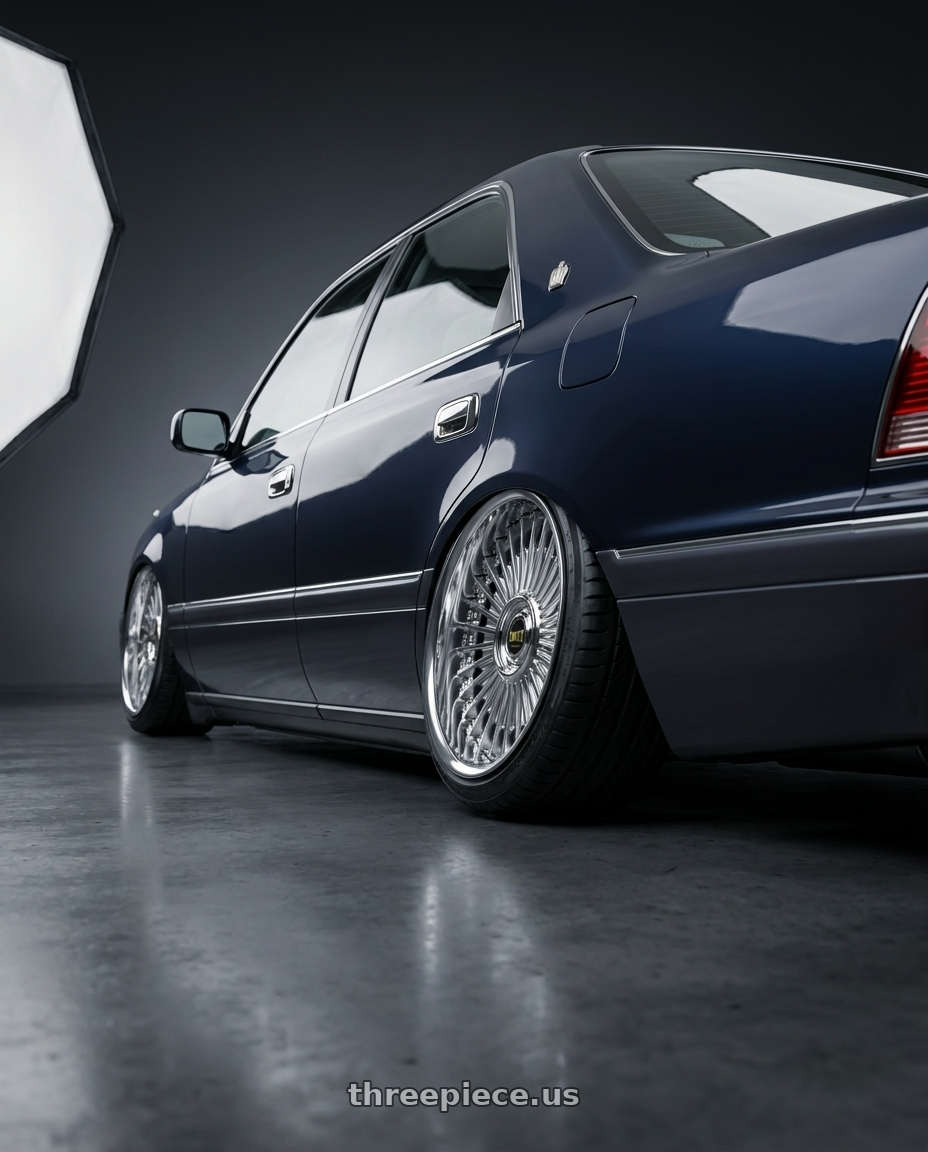1998 Toyota crown royal saloon with Work Emitz Chrome 5x114.3 19x9.5 +12 wheels rear three quarter view extreme stretch tires