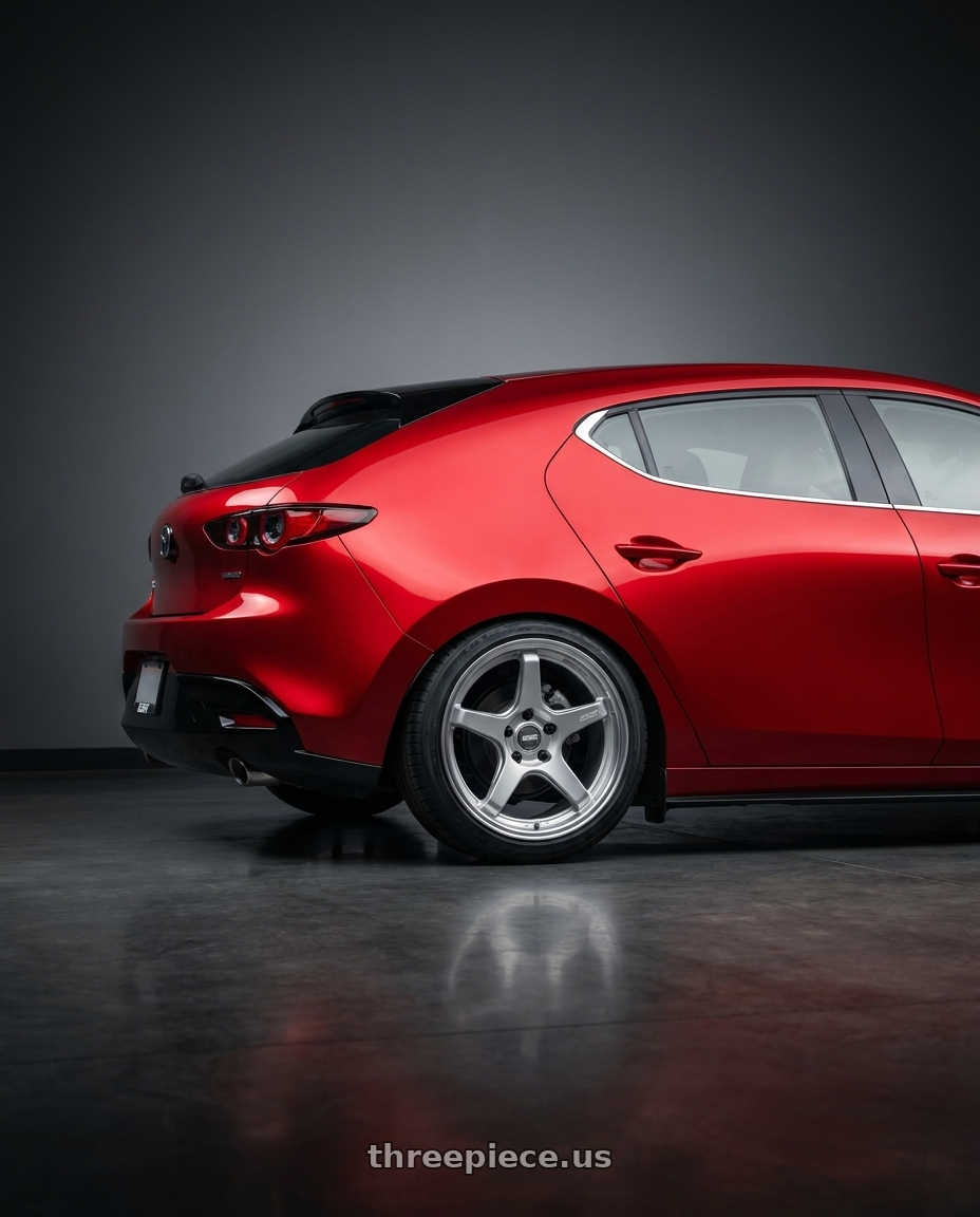 2025 Mazda 3 with ESR Wheels APX5C blank 18x8.5 +30 Hyper Silver wheels rear three quarter view square tires