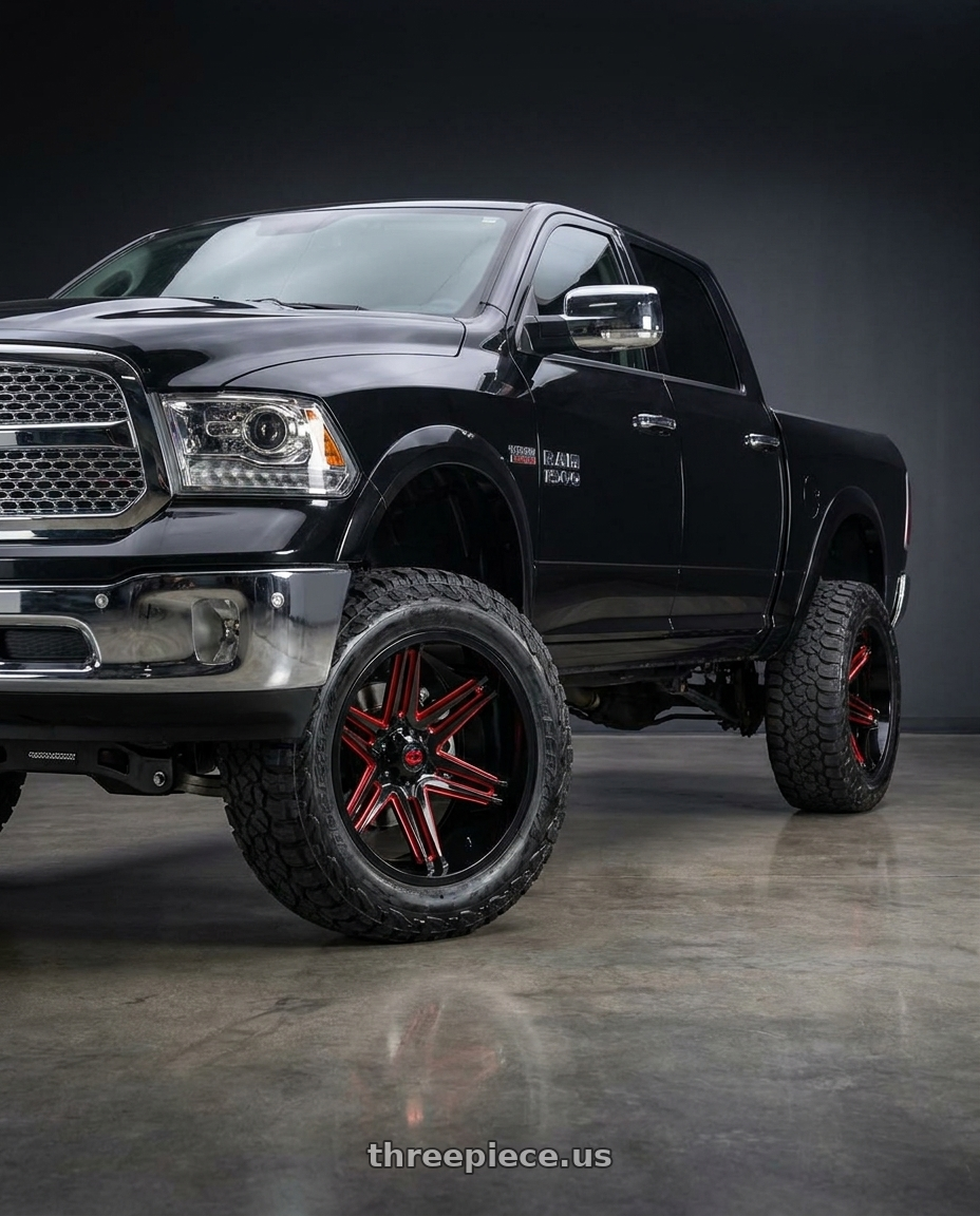 2015 Ram 1500 with Vision Off-Road 363 Razor 5x139.7 20x10-25 Gloss Black Milled Spoke with Red Tint wheels