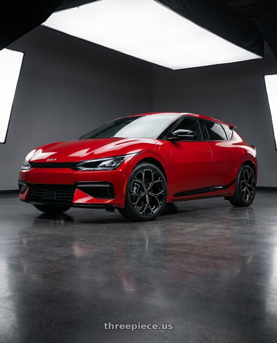 2024 kia ev6 with Xcess 5 Flake 5x112 20x8.5 +35 Gloss Black wheels front three quarter view stock stance