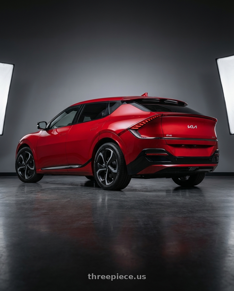 2024 kia ev6 with Xcess 5 Flake 5x112 20x8.5 +35 Gloss Black wheels rear three quarter view square tires