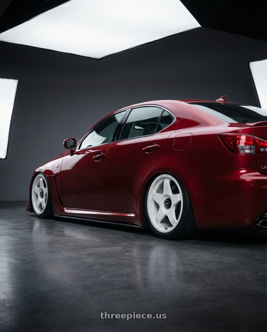 2012 Lexus IS-F with fifteen52 CHICANE 5x114.3 / 5x120 19x8.5 +35 RALLY WHITE (GLOSS WHITE) wheels rear three quarter view slight stretch tires