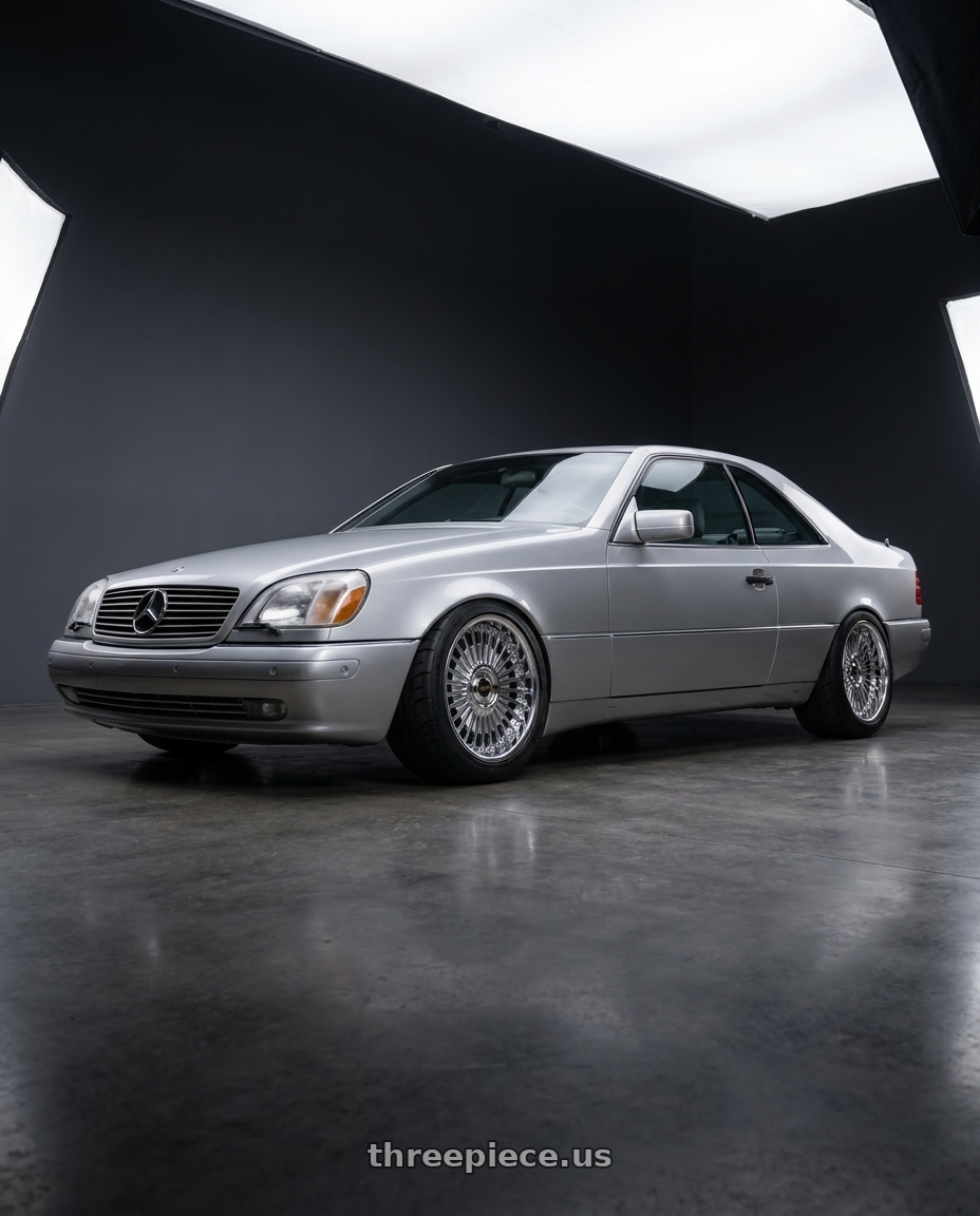 1998 Mercedes-Benz CL500 with Work Emitz Chrome 5x112 19x9.5 +38 wheels front three quarter view lowered stance