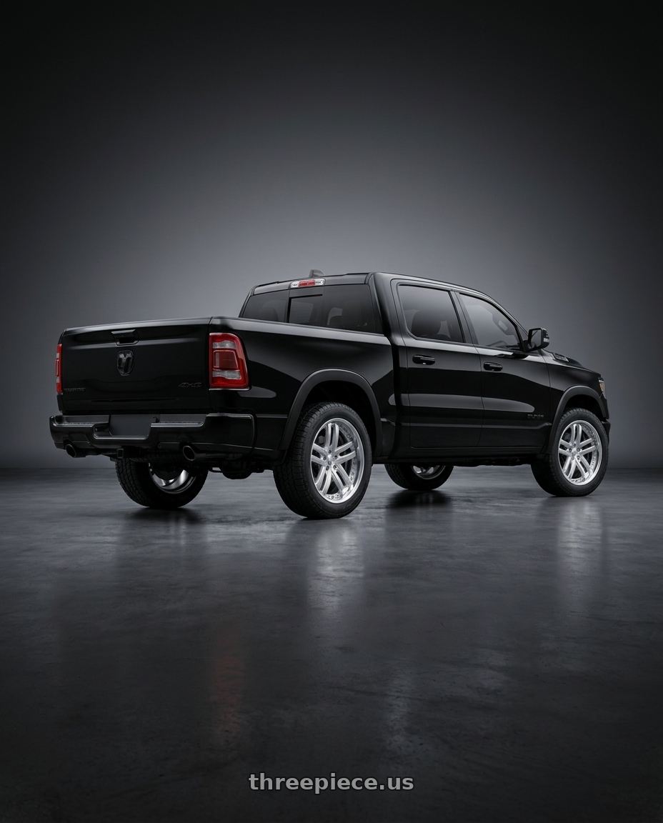 2021 Ram 1500 with Work Ls Brightring Suv 6x139.7 20x8.5+12 O Disk Calm Silver wheels rear three quarter view square tires