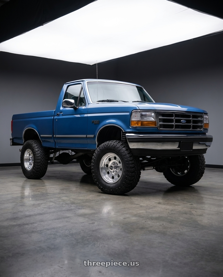 1997 Ford f250 xl blue with American Racing AR172 BAJA 5X114.3 15X10 -43 POLISHED wheels