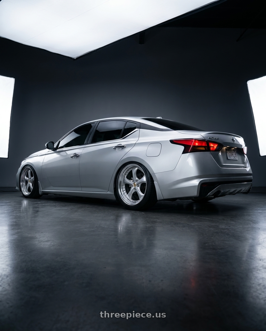 2020 Nissan Altima Silver with Work Wheels VS-KF 5x114.3 20x9.5+27 Light Grey Silver R Disk STEP RIM wheels rear three quarter view square tires