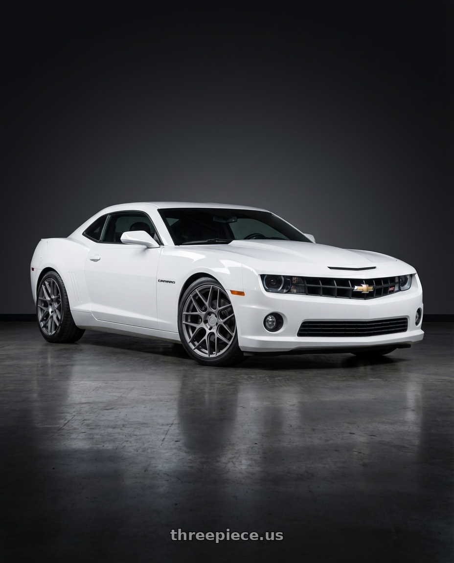 2014 Chevrolet Camaro 5th Gen with Aodhan AFF2 5x120 20x9+30 Matte Gray wheels front three quarter view lowered stance