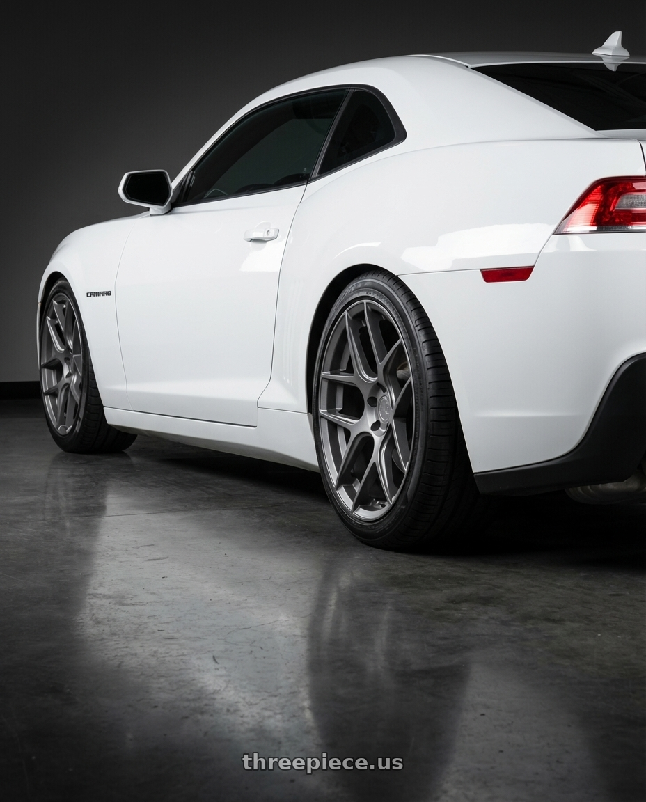 2014 Chevrolet Camaro 5th Gen with Aodhan AFF2 5x120 20x9+30 Matte Gray wheels rear three quarter view square tires