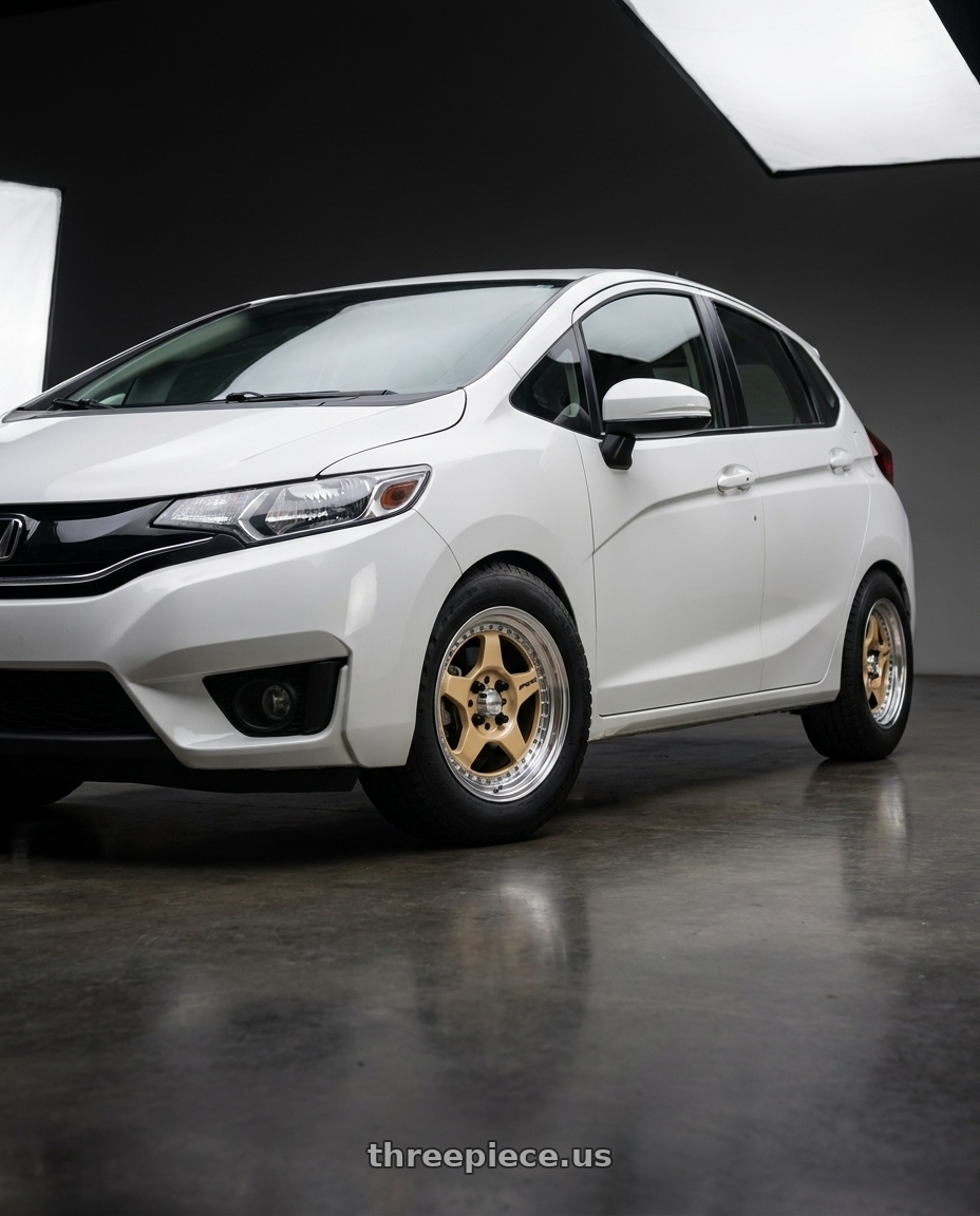 2016 Honda fit ex with Work Meister Cr01 4x100 15x6.5+39 O Disk Bright Buff Finish wheels front three quarter view stock stance