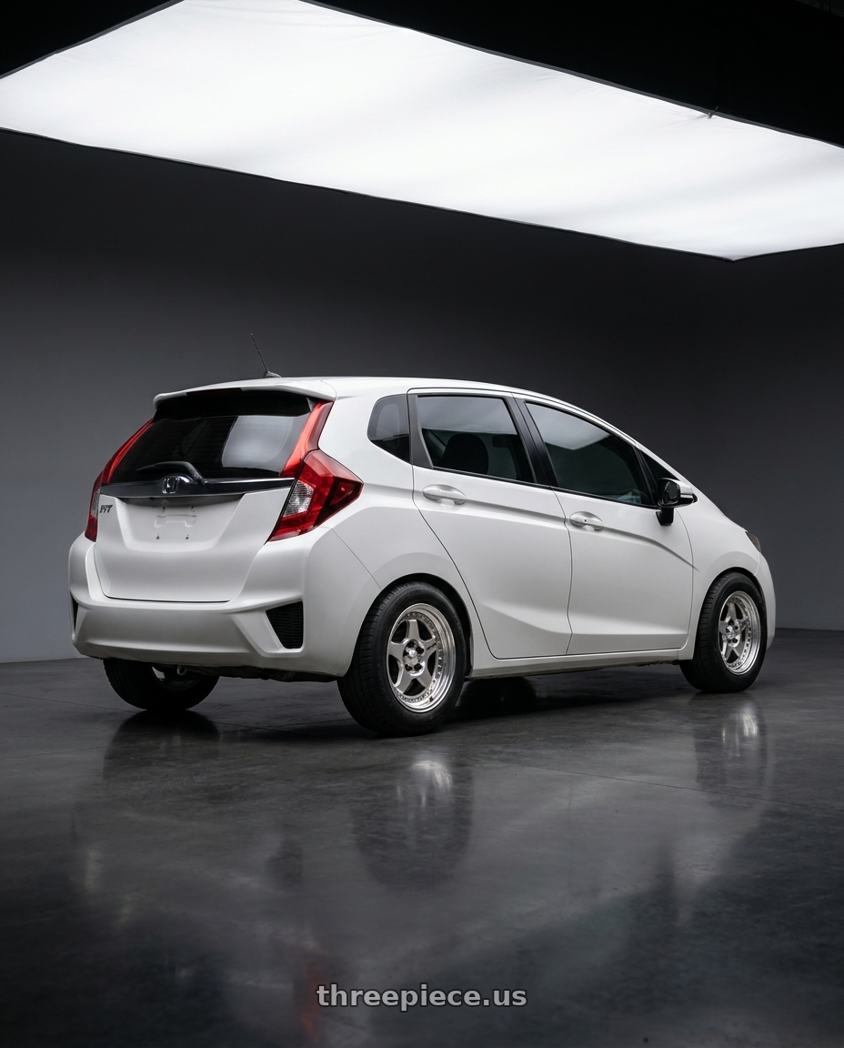 2016 Honda fit ex with Work Meister Cr01 4x100 15x6.5+39 O Disk Bright Buff Finish wheels rear three quarter view meaty tires
