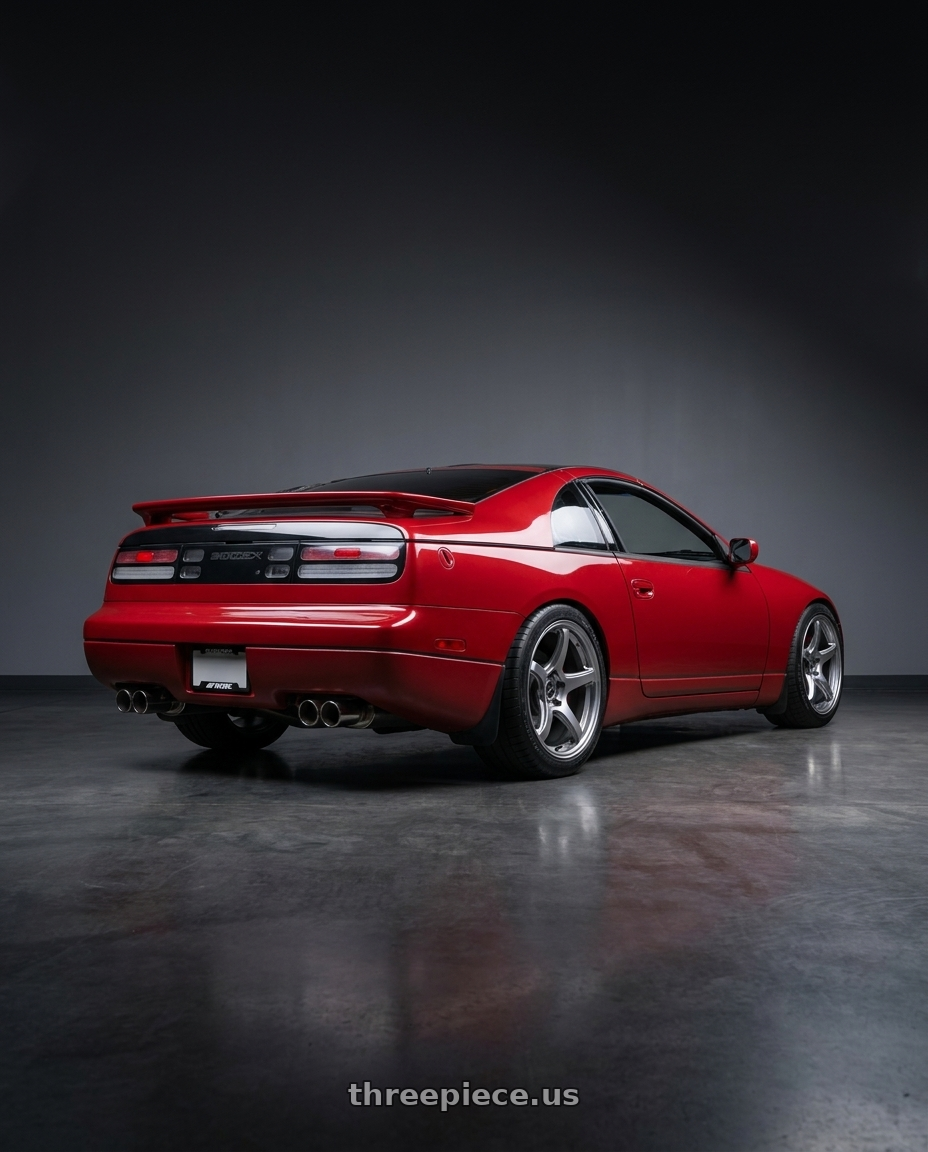 1990 Nissan 300zx with Work Emotion T5r 5x114.3 18x9.5 +38 Glow Silver wheels rear three quarter view square tires