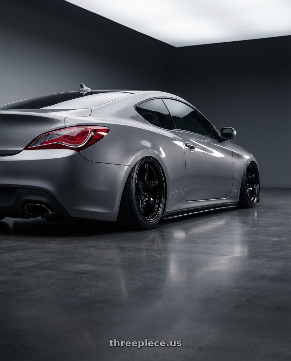 2014 Hyundai Genesis Coupe with Gram Lights 57CR 5x114.3 19x8.5+35 Glossy Black wheels rear three quarter view slight stretch tires