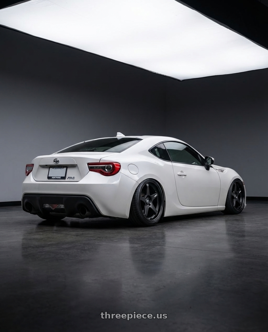 2016 Scion FR-S with ESR Wheels APEX SERIES AP5 5x100 18x9.5 +35 Matte Black wheels rear three quarter view slight stretch tires