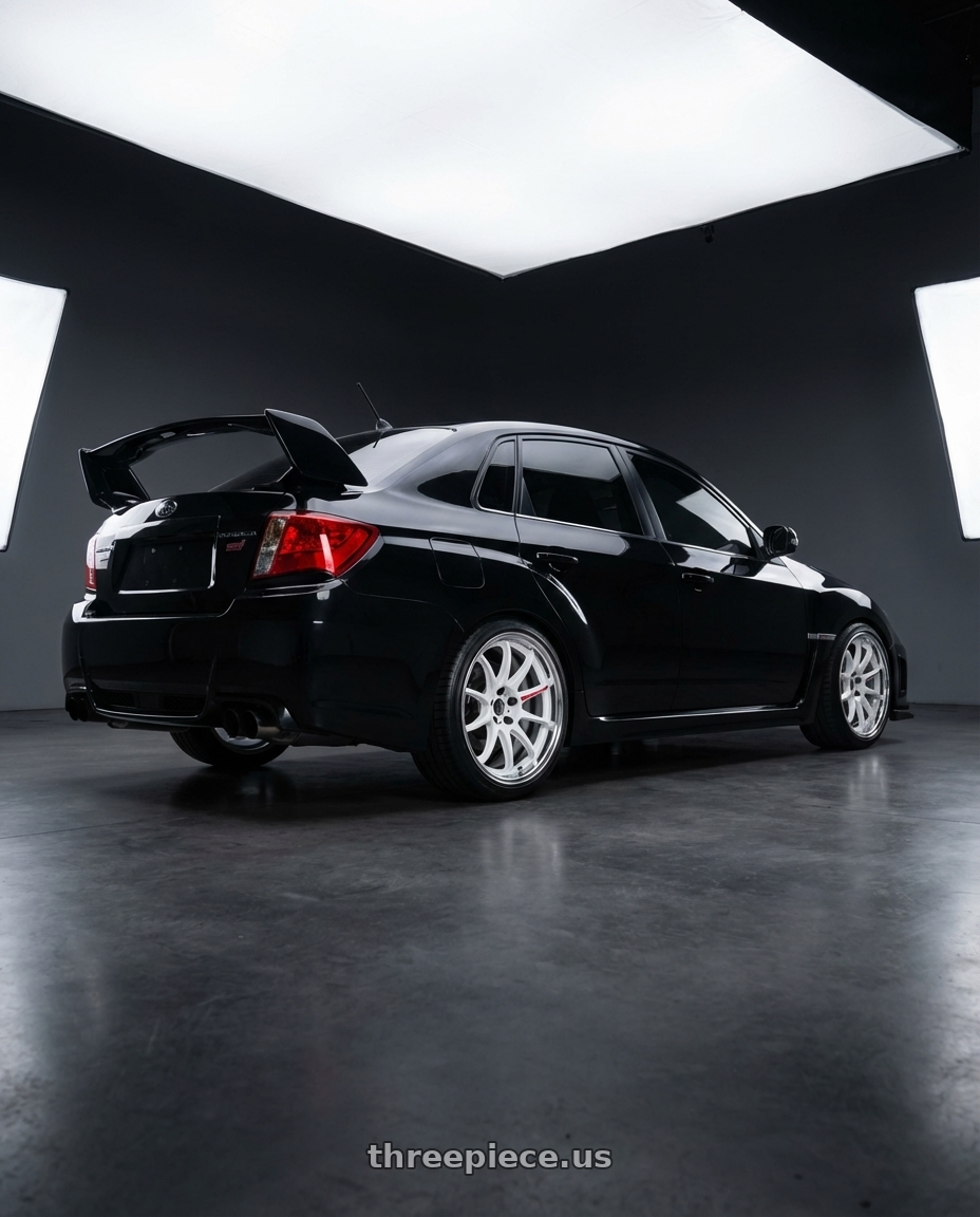 Black 2013 Subaru impreza wrx Sti  with Work Zr10 2P 5x114.3 18x10.0 +22 Azure White wheels rear three quarter view slight stretch tires