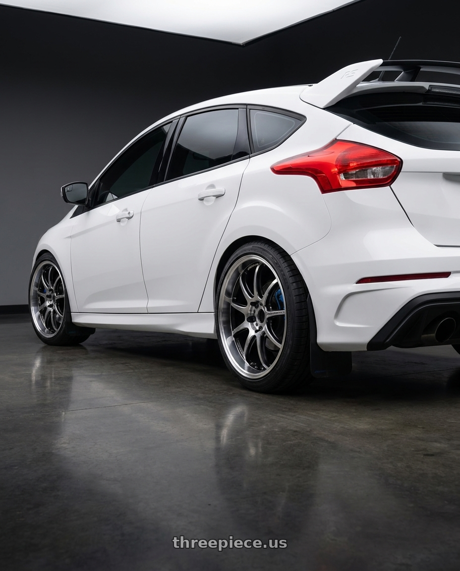 2017 Ford Focus RS with Work Emotion D9r 5x108 18x7.5 +47 Gt Silver Rim Cut wheels rear three quarter view square tires