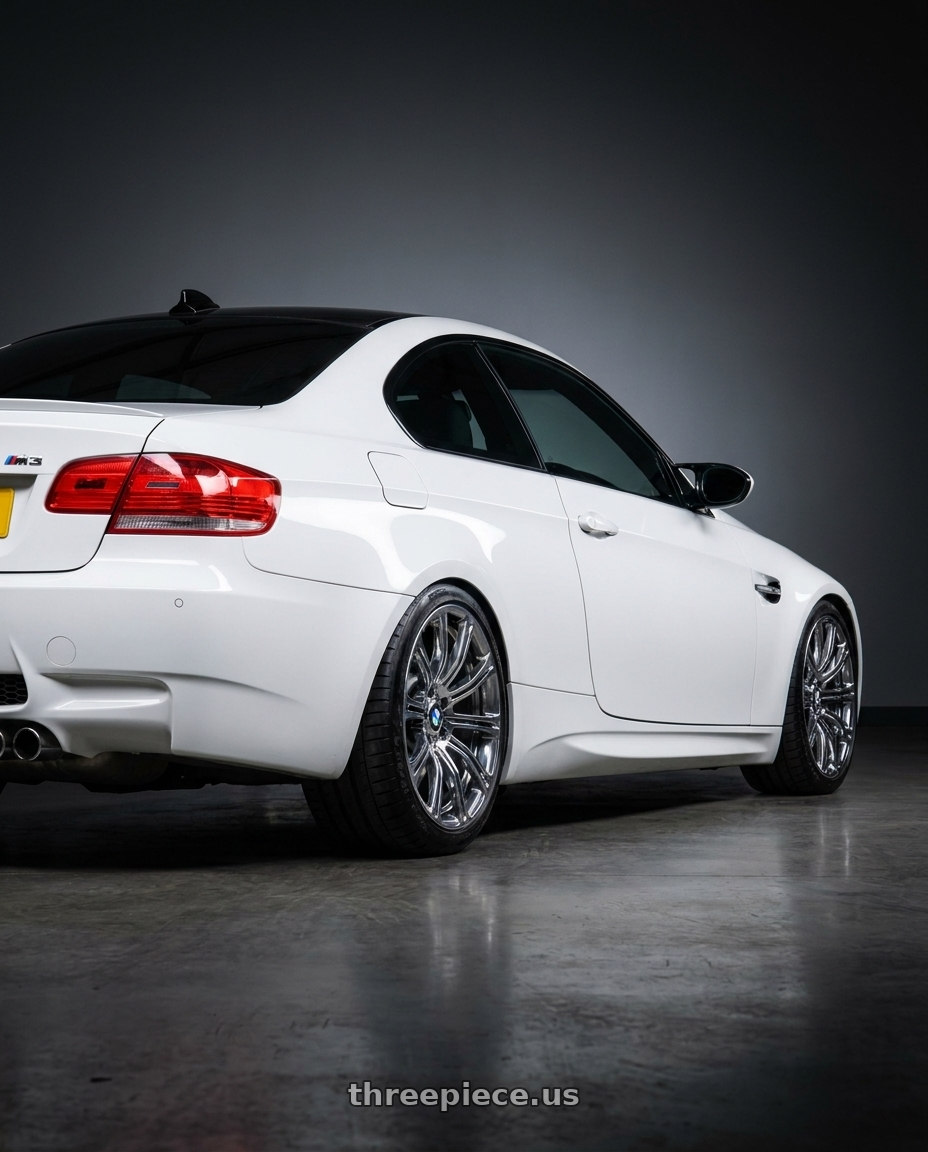 2011 BMW M3 with OE Wheels CV22B 5x120.65 19x10+79 Chrome wheels rear three quarter view square tires