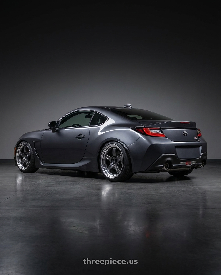 2023 Toyota Gr86 with Volk Racing 21C 5x114.3 18X9.5+20  Dark Gunmetal wheels rear three quarter view slight stretch tires