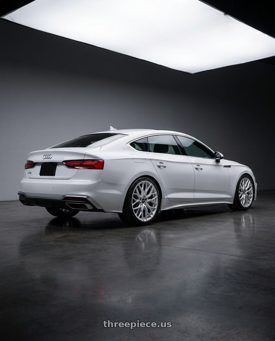 2023 Audi a5 s line with F1R FS3 5x112 19x8.5 +35 Machine Silver wheels rear three quarter view square tires