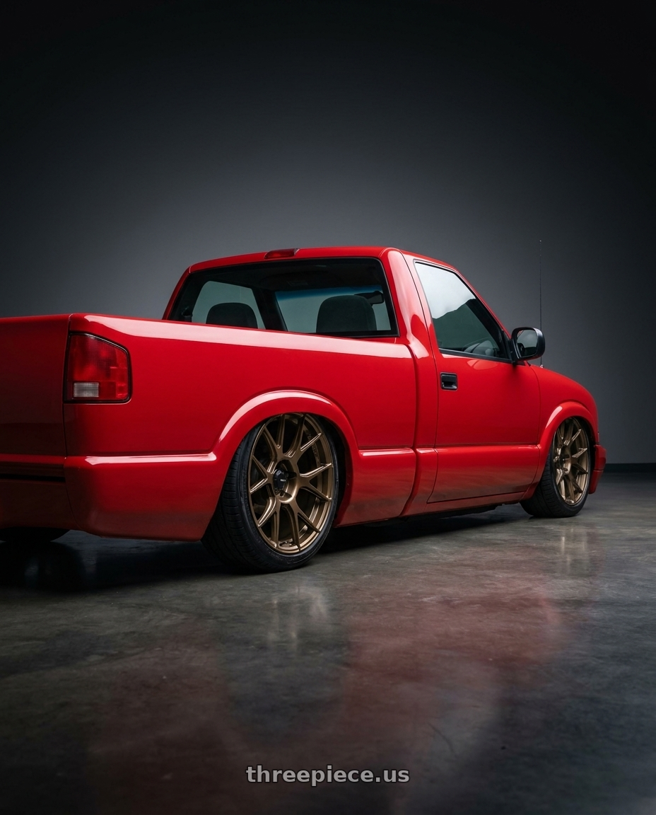 1998 Chevy s10 with Konig Ampliform 5x120 18x8.5+32 Gloss Bronze wheels rear three quarter view slight stretch tires