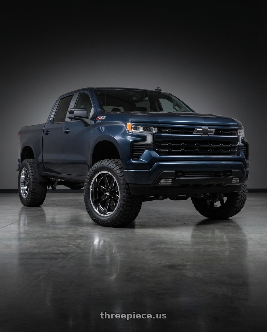 2023 Chevrolet Silverado 1500 with Moto Metal MO200 6X139.7 22X12 -44 GLOSS BLACK MILLED CENTER CHROME LIP wheels