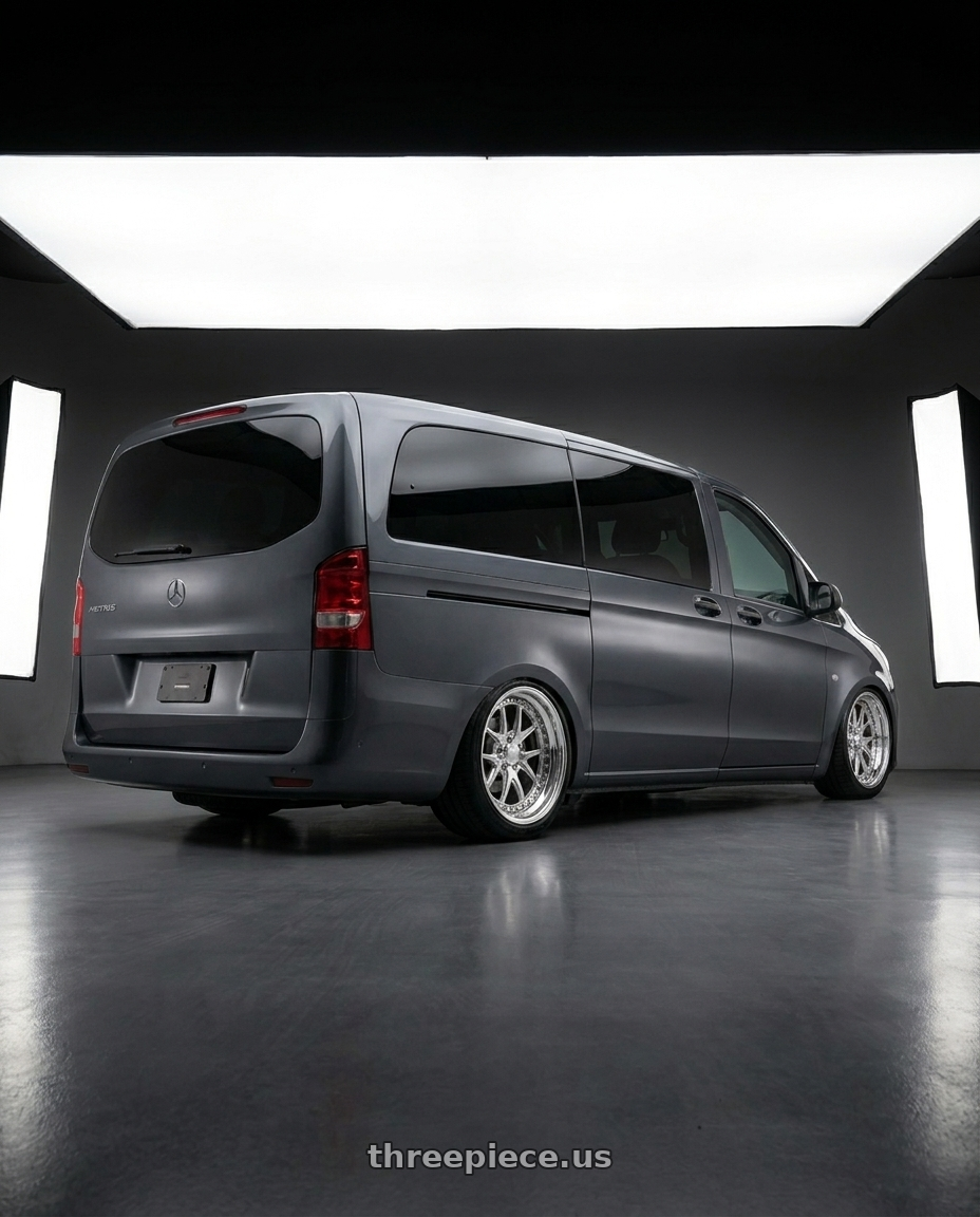 2024 Mercedes benz metris with CCW CZ05 4x100 16x7 +62 Polished wheels rear three quarter view slight stretch tires