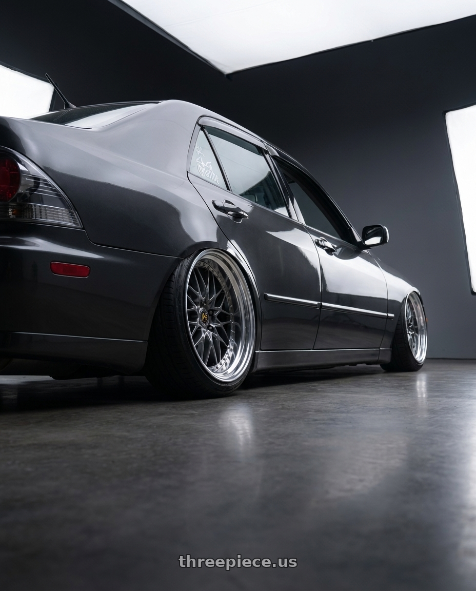 2003 lexus is300 with Work Vs-Xv 5x100 18x9+40 A Disk Brilliant Silver Black wheels rear three quarter view extreme stretch tires